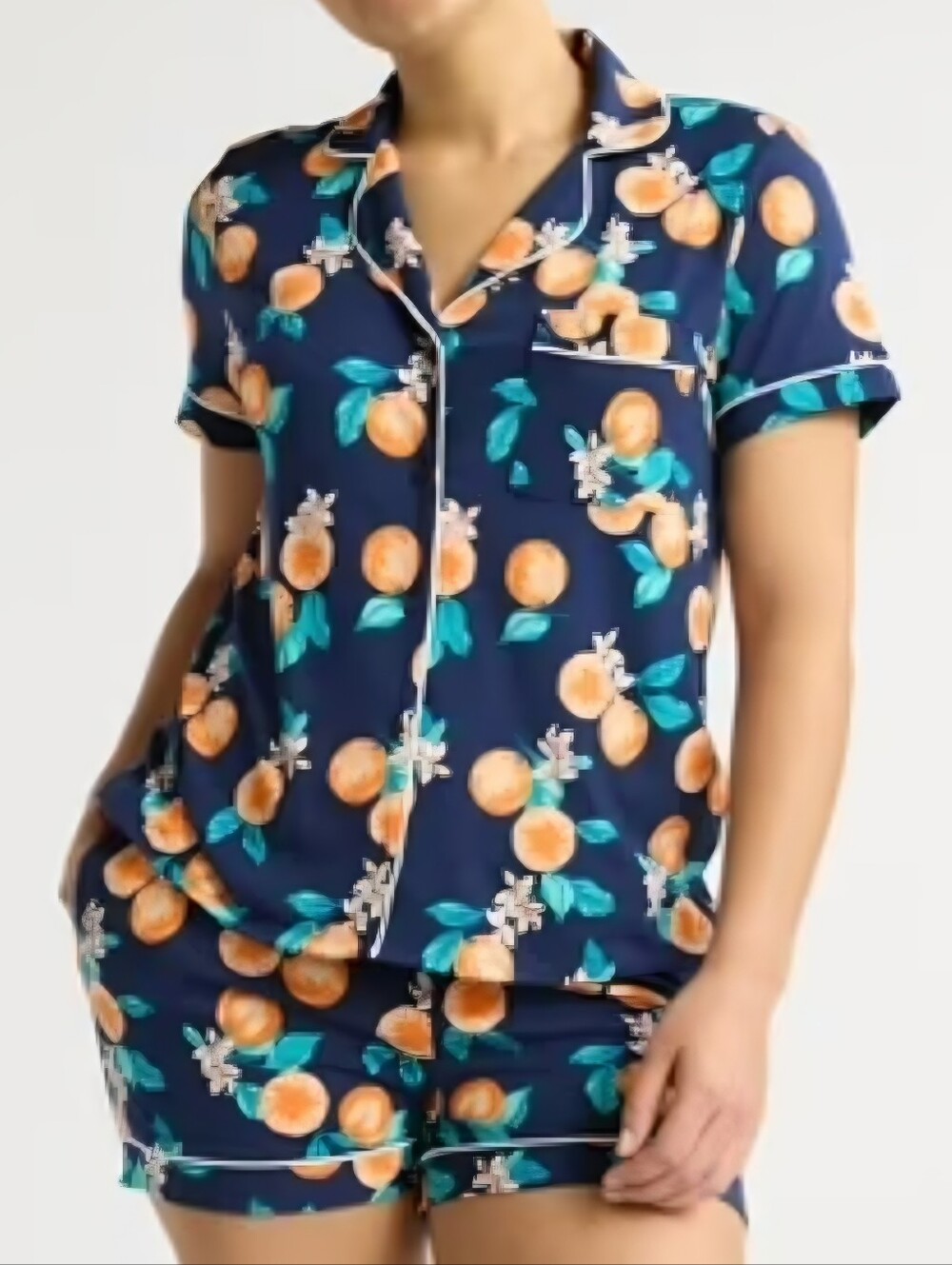 Women’s Navy Orange-Print Short Pajama Set